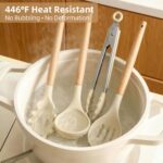 Complete 33-piece SOUTHREEY silicone cooking utensil set with solid wood handles and a holder, in light khaki.