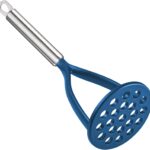 Blue TENTA KITCHEN nylon potato masher with a long, silver stainless steel handle on a white background.