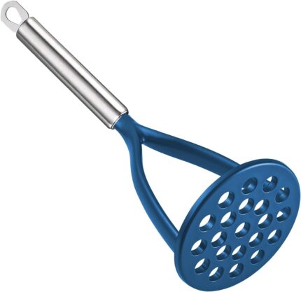Blue TENTA KITCHEN nylon potato masher with a long, silver stainless steel handle on a white background.