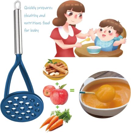 Blue TENTA KITCHEN nylon potato masher with a long, silver stainless steel handle on a white background.