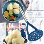 Blue TENTA KITCHEN nylon potato masher with a long, silver stainless steel handle on a white background.