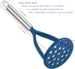 Blue TENTA KITCHEN nylon potato masher with a long, silver stainless steel handle on a white background.