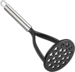 Blue TENTA KITCHEN nylon potato masher with a long, silver stainless steel handle on a white background.
