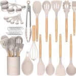 A complete 33-piece Umite Chef kitchen utensil set with khaki silicone heads and wooden handles, displayed with a holder and 