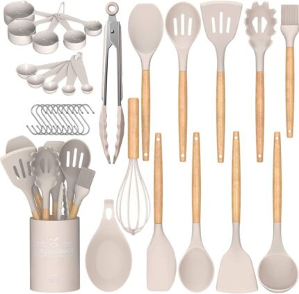 A complete 33-piece Umite Chef kitchen utensil set with khaki silicone heads and wooden handles, displayed with a holder and