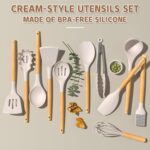 A complete 33-piece Umite Chef kitchen utensil set with khaki silicone heads and wooden handles, displayed with a holder and