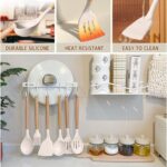 A complete 33-piece Umite Chef kitchen utensil set with khaki silicone heads and wooden handles, displayed with a holder and
