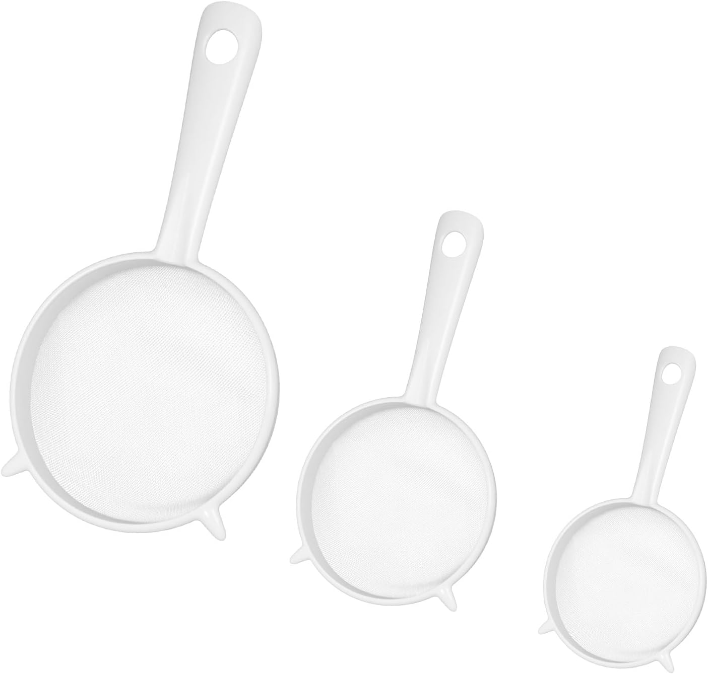 wjiaaa-3-piece-white-plastic-fine-mesh-strainer-set-with-handle-01 Three white plastic fine mesh strainers with handles, nested together, against a plain background.
