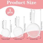 Three white plastic fine mesh strainers with handles, nested together, against a plain background.