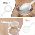 Three white plastic fine mesh strainers with handles, nested together, against a plain background.