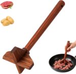 Wooden ground beef masher with a cross-shaped head, ideal for breaking up meat in non-stick pans.