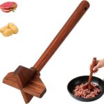 Wooden ground beef masher with a cross-shaped head, ideal for breaking up meat in non-stick pans.
