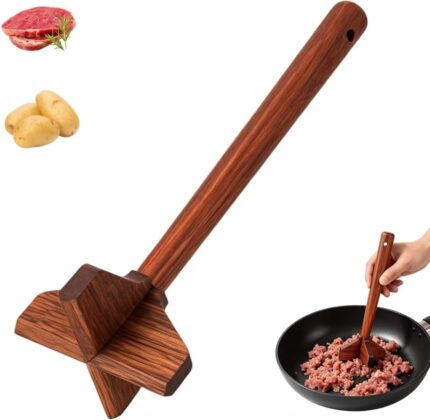 Wooden ground beef masher with a cross-shaped head, ideal for breaking up meat in non-stick pans.