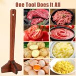 Wooden ground beef masher with a cross-shaped head, ideal for breaking up meat in non-stick pans.
