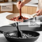 Wooden ground beef masher with a cross-shaped head, ideal for breaking up meat in non-stick pans.