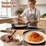 Wooden ground beef masher with a cross-shaped head, ideal for breaking up meat in non-stick pans.